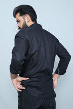 Black linen flower embroidery Shirt