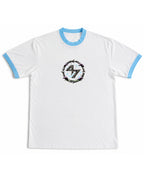 White & Sky Blue Ringer tee Front Design