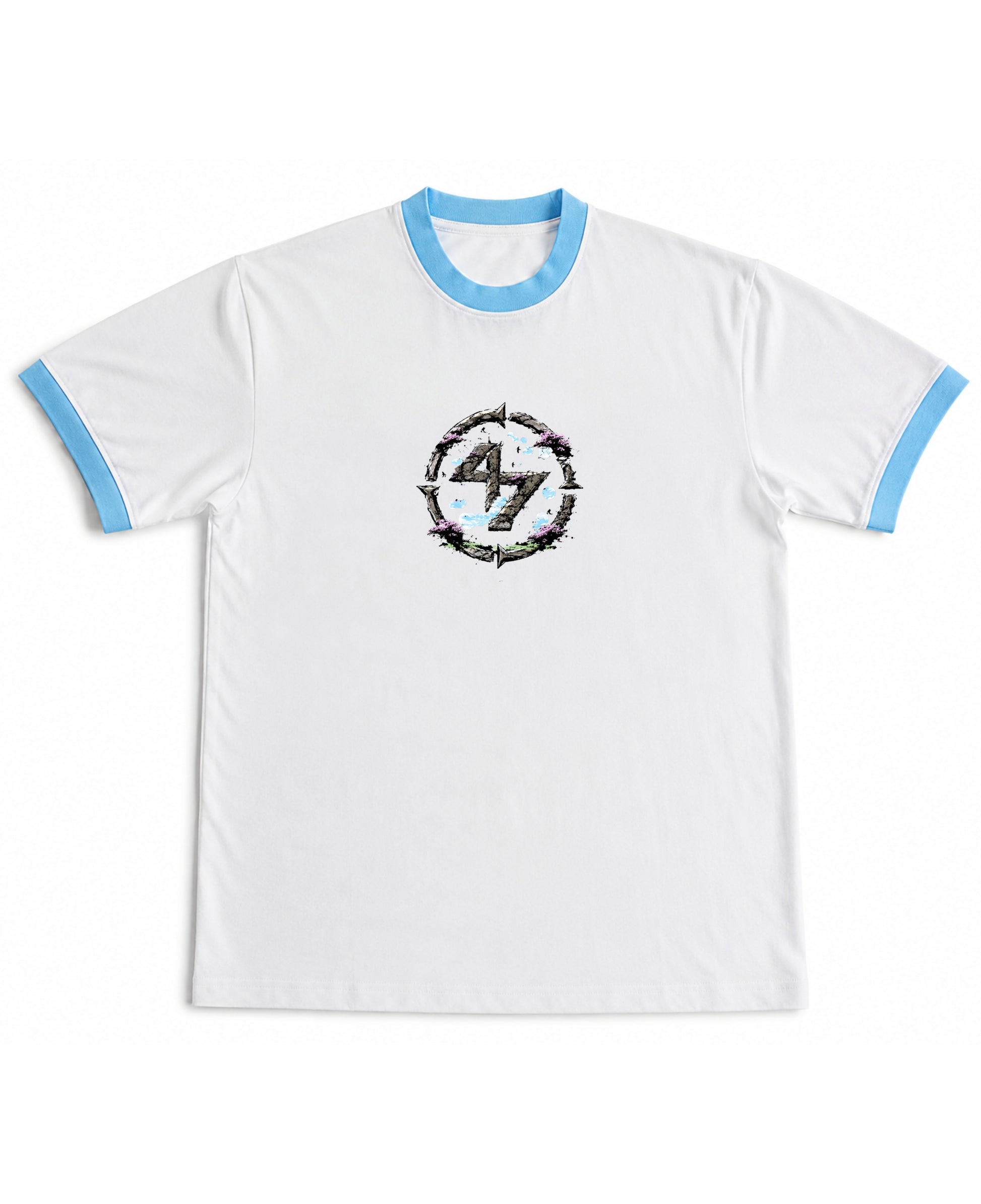 White & Sky Blue Ringer tee Front Design