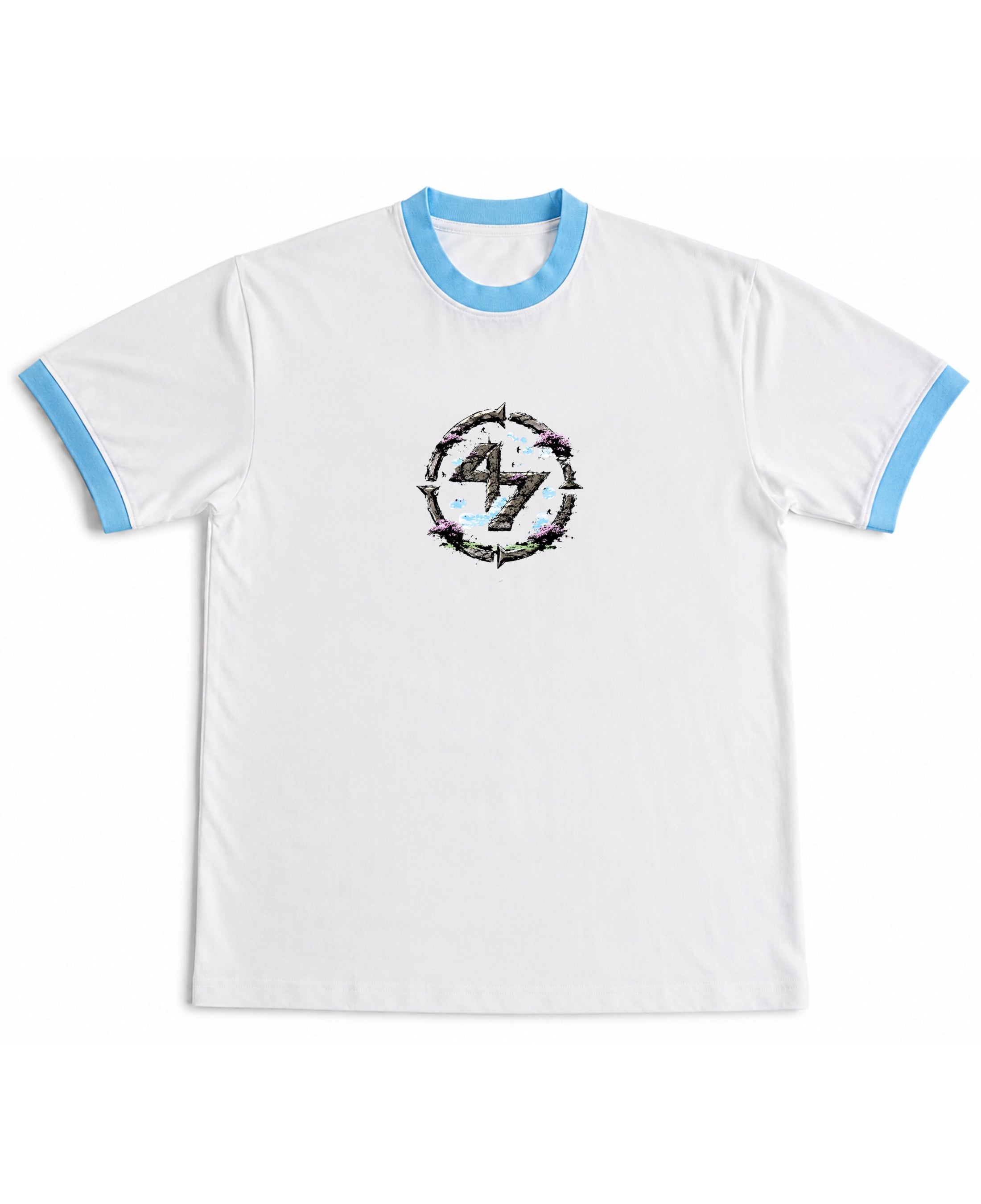 White & Sky Blue Ringer tee Front Design