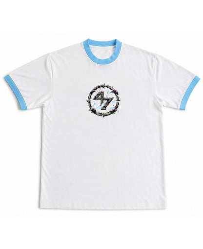 White & Sky Blue Ringer tee Front Design