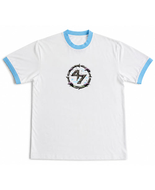 White & Sky Blue Ringer tee Front Design