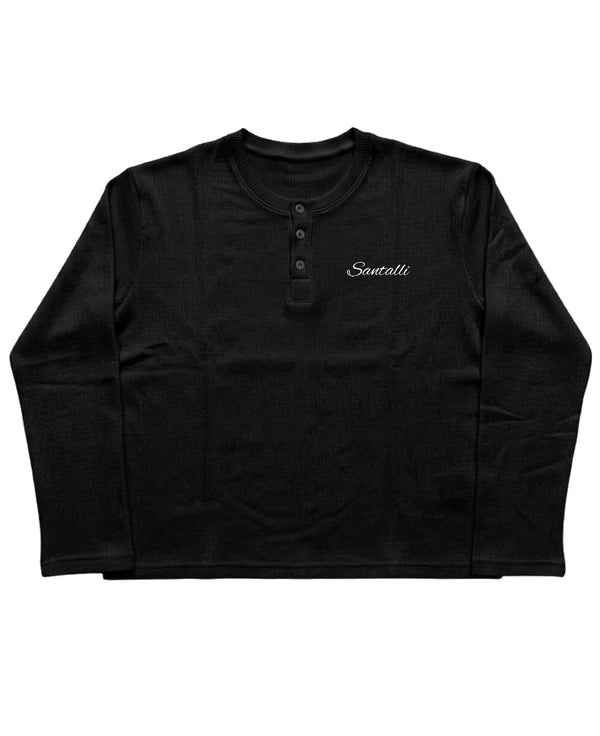 Black Henley waffle knit Front Design