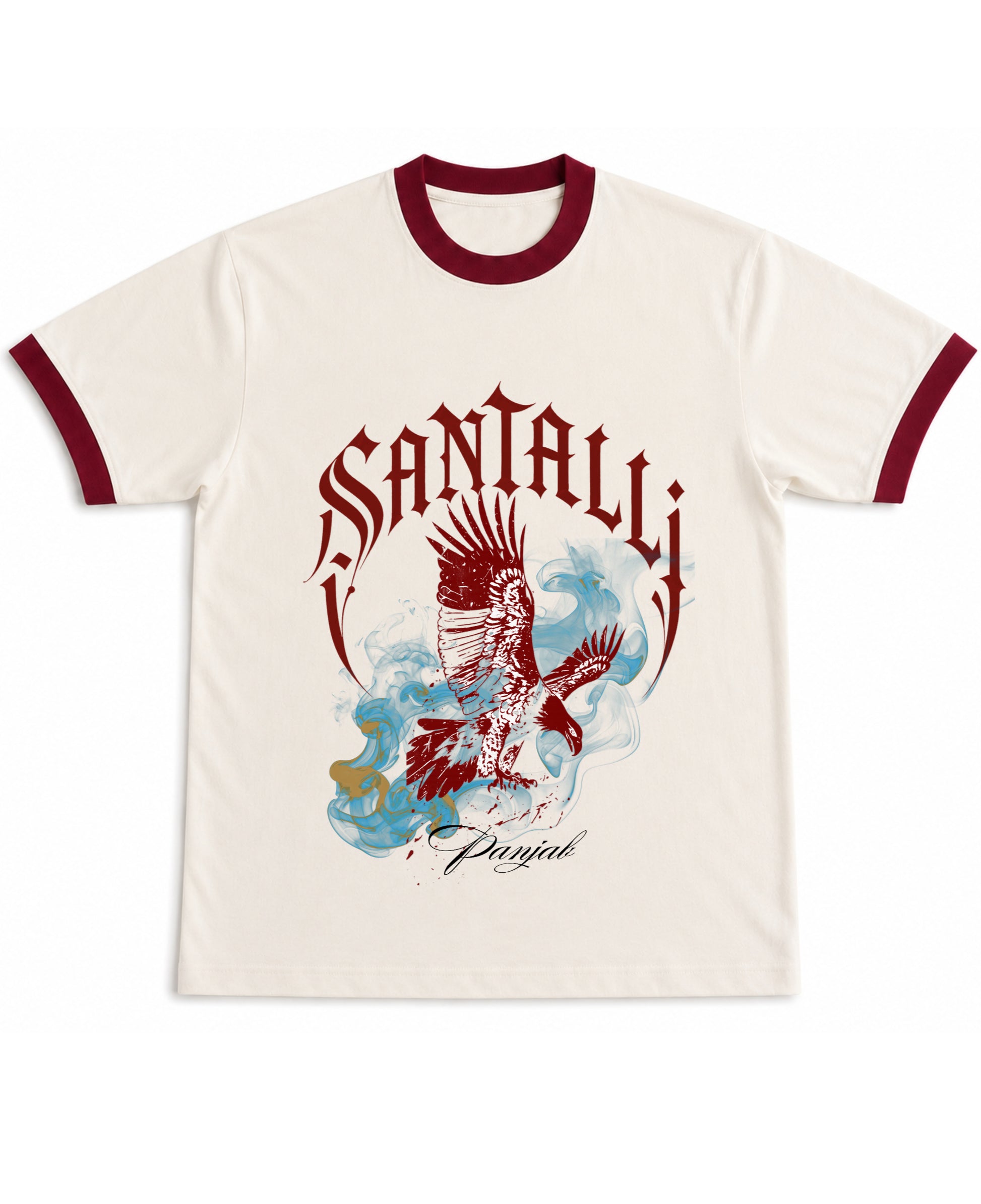 Off White & Maroon Ringer tee Front Design