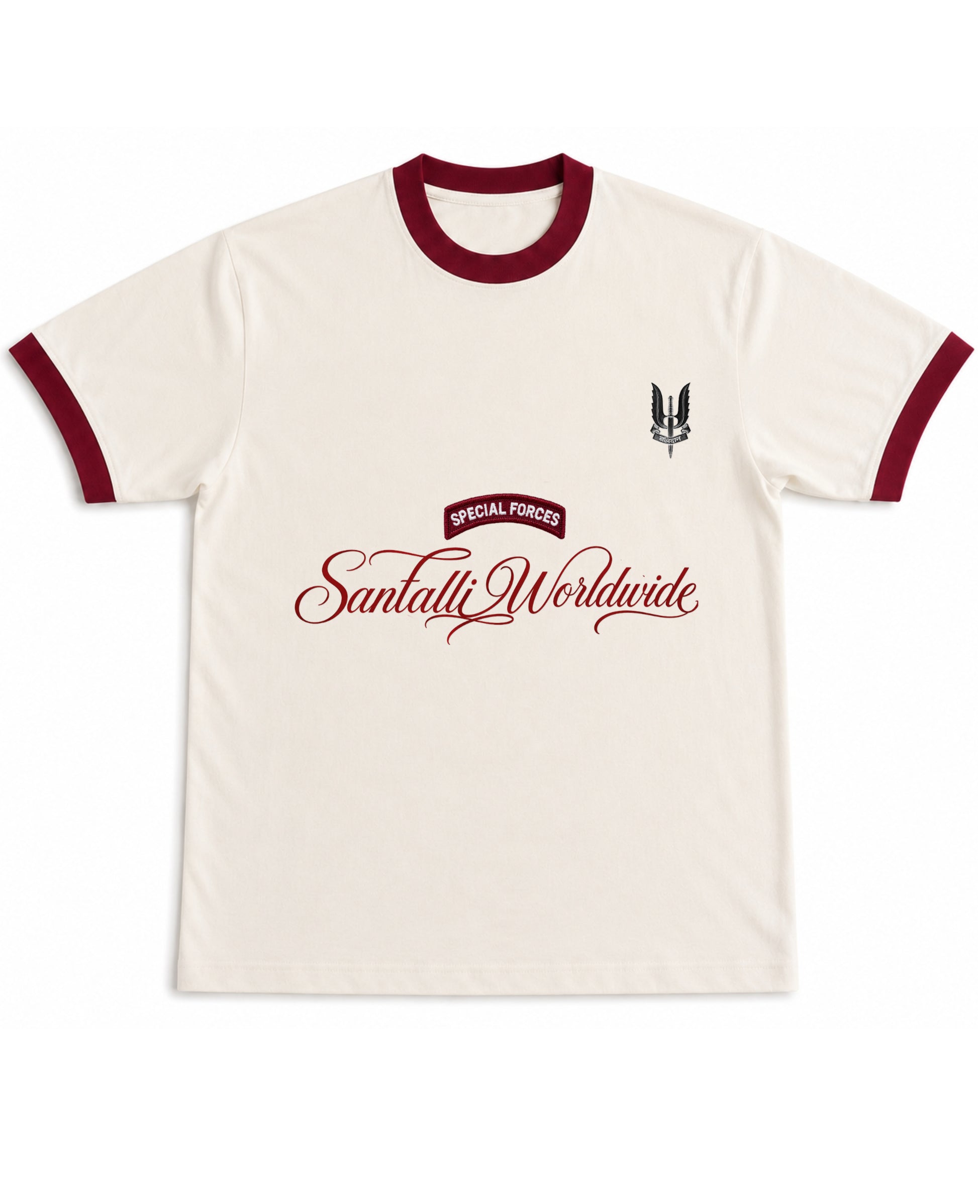Off White & Maroon Ringer tee Front Design
