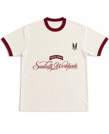 Off White & Maroon Ringer tee Front Design