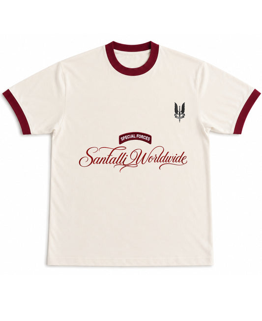 Off White & Maroon Ringer tee Front Design