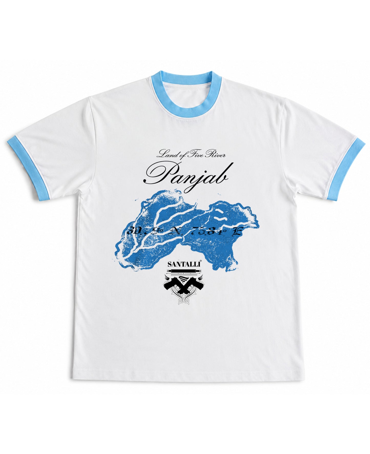 White & Sky Blue Ringer tee Front Design