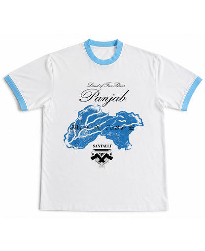 White & Sky Blue Ringer tee Front Design