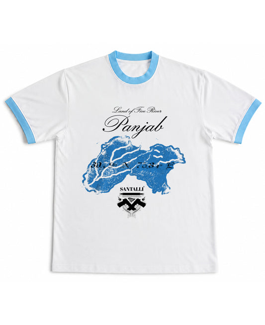 White & Sky Blue Ringer tee Front Design