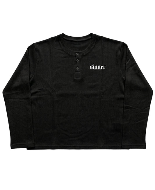 Black Henley waffle knit Front Design