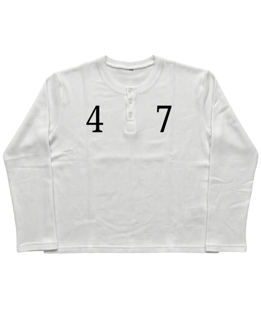 White Henley waffle knit Front Design