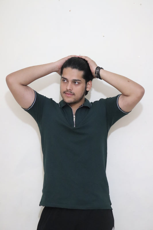 BASIC GREEN ZIP POLO T-SHIRT
